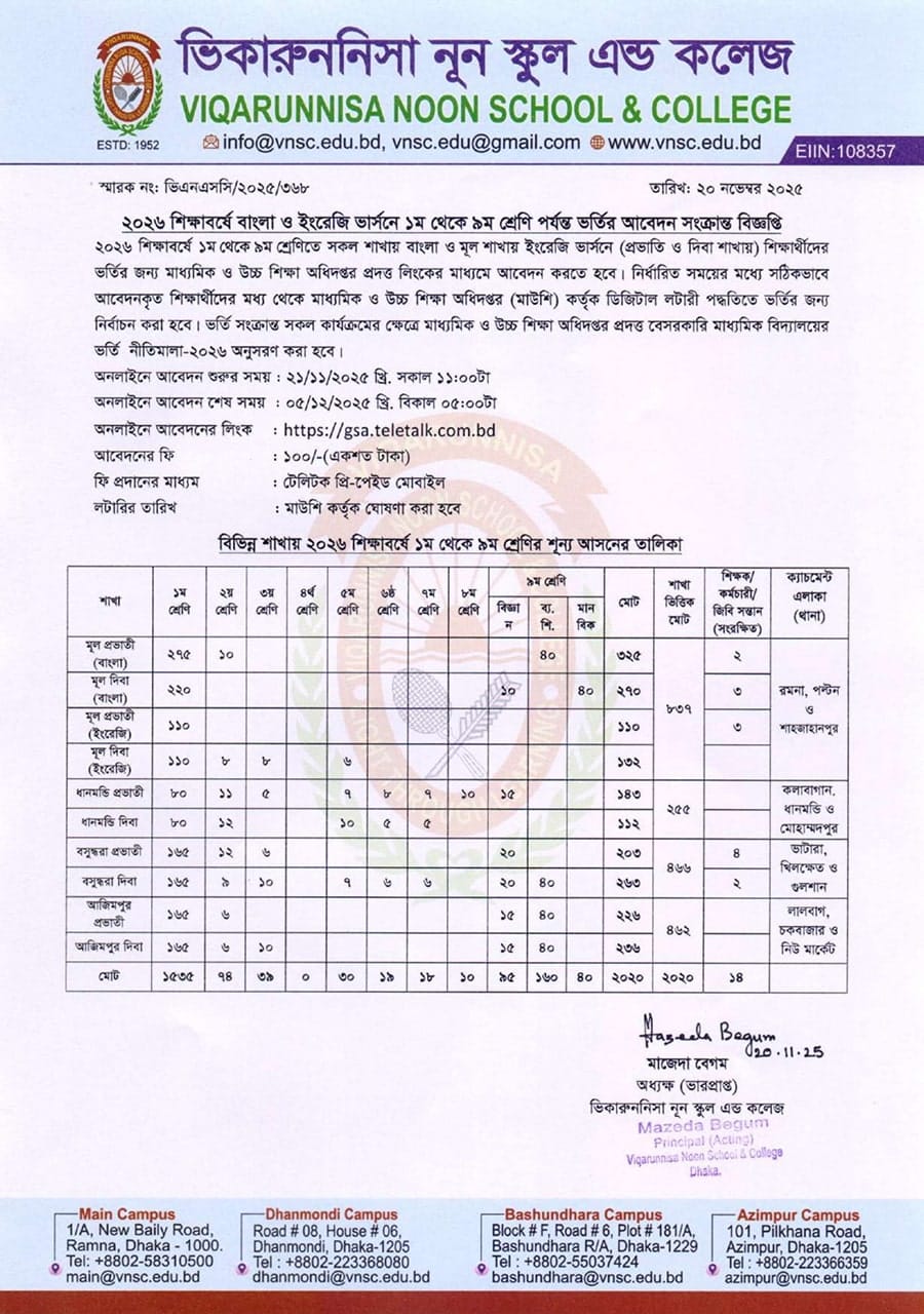 vnsc admission circular
